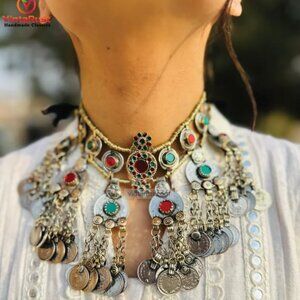 Vintage Dangling Coins Necklace With Green and Red Glass Stones,Boho Chic